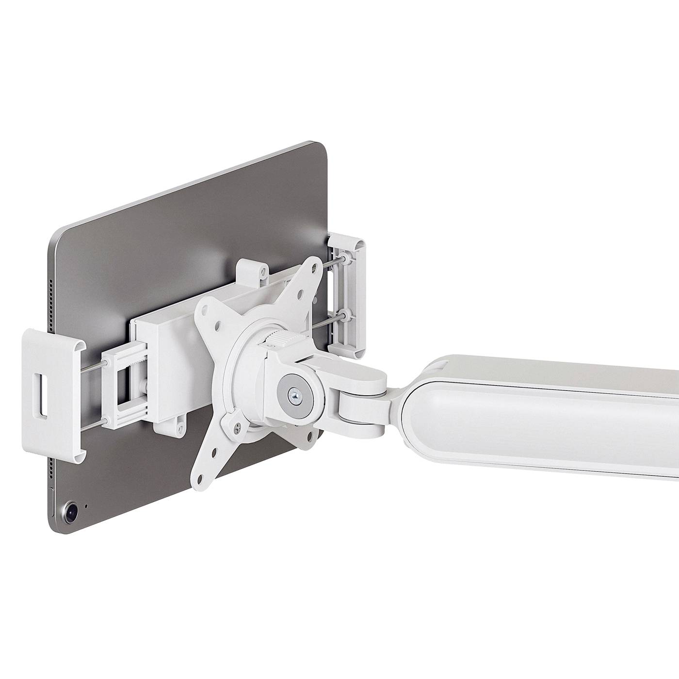 Ein verstellbarer Monitorarmhalter aus Metall, montiert an einer Wand, hält einen Bildschirm. Geeignet zur flexiblen Platzierung von Monitoren.