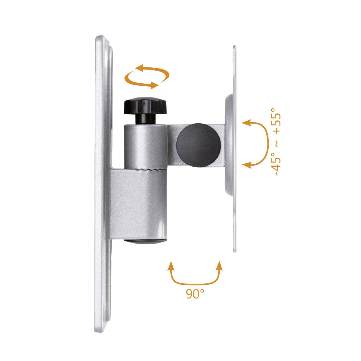 Wandhalterung mit einstellbarem Winkel von 45° bis 55° vertikal und 90° horizontal. Enthält Drehknopf zur Fixierung.