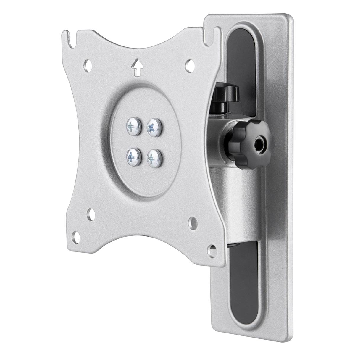 Eine silberne Wandhalterung für Flachbildschirme, geeignet für Monitore oder kleine Fernseher. Sie hat eine drehbare Halterung.