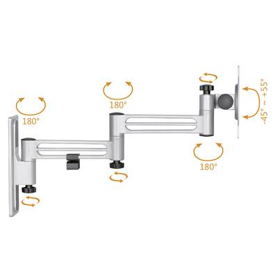 Justierbarer Monitorarm aus silbernem Metall mit mehreren Rotationspunkten, ermöglicht flexibles Positionieren des Bildschirms.