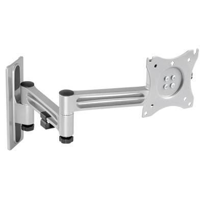 Silberne Monitorhalterung mit verstellbarem Arm, Wandmontage, geeignet für Bildschirme bis 27 Zoll.