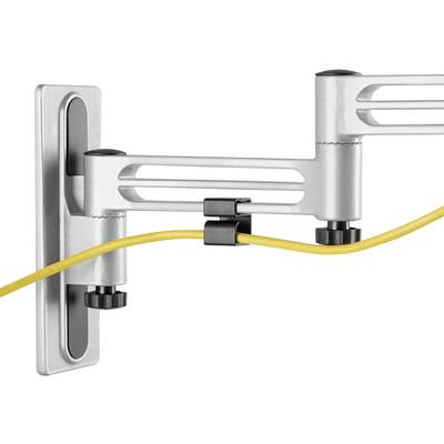 Ein Metallarm mit Gelenken zur Wandbefestigung eines Bildschirms. Ein gelbes Kabel verläuft durch die Halterung.