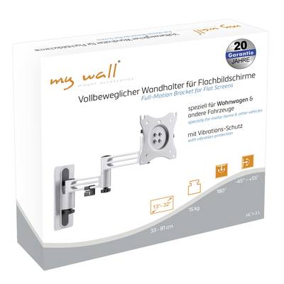 Vollbeweglicher Wandhalter für Flachbildschirme, geeignet für 13"-32" Displays, speziell für Wohnwagen. Mit Vibrationsschutz.
