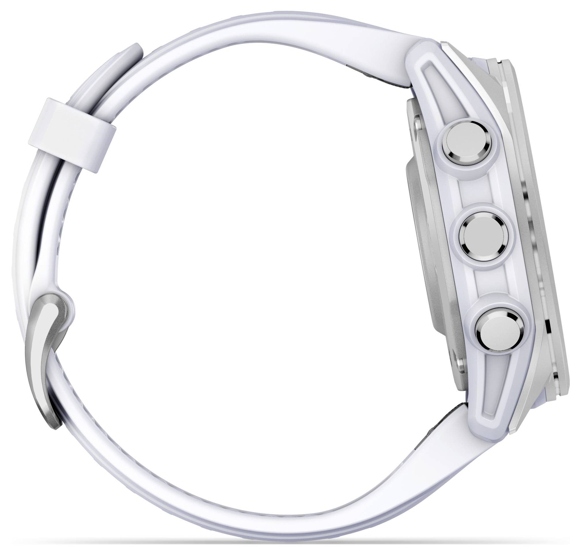 Eine weiße Smartwatch von der Seite, zeigt das Ziffernblatt und die seitlichen Knöpfe. Minimalistisches Design mit schmalem Armband.