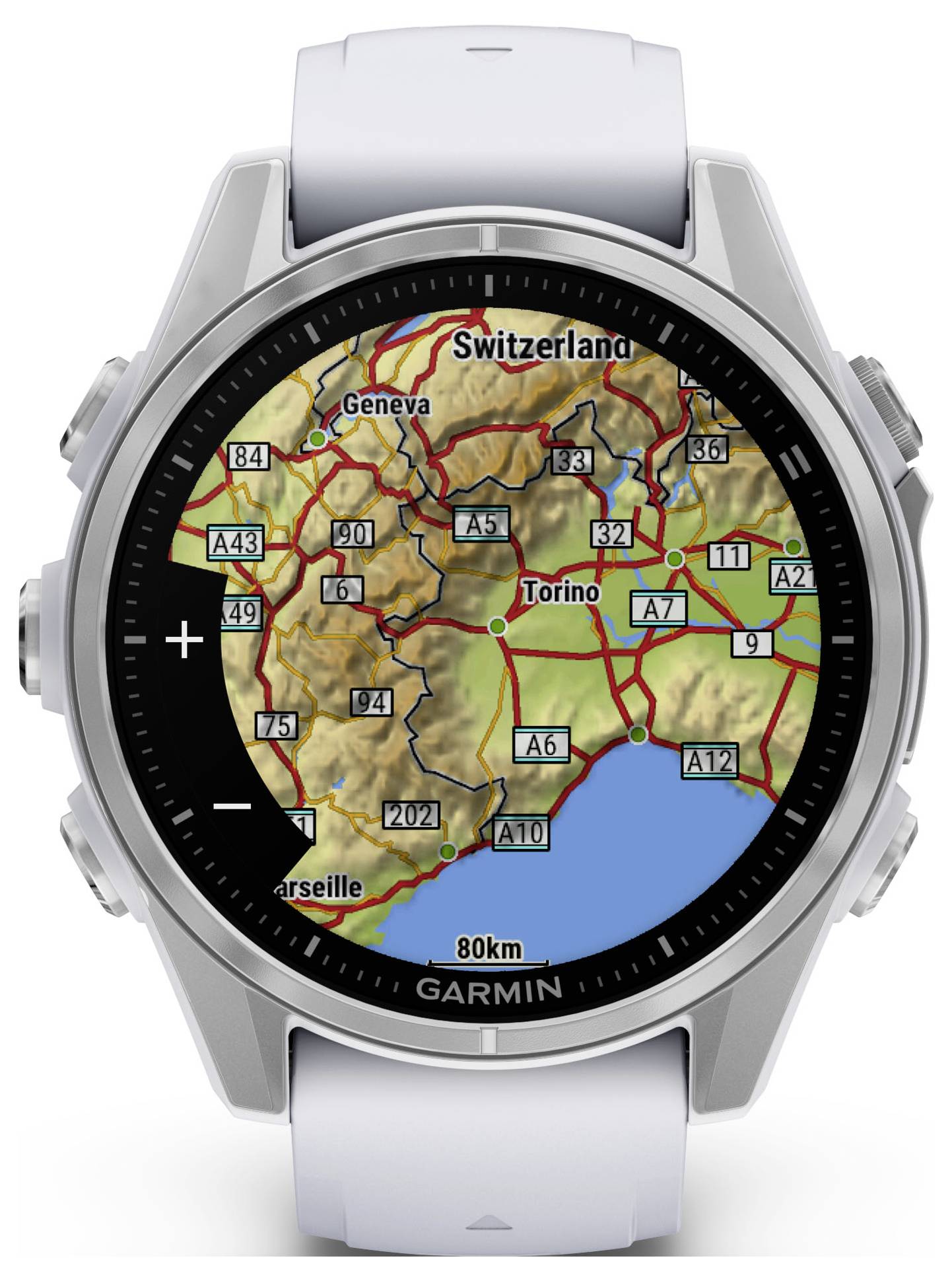 Eine Smartwatch zeigt eine Karte mit Straßen und Städten der Region um Turin, einschließlich Schweiz und Italien, zur Orientierung.