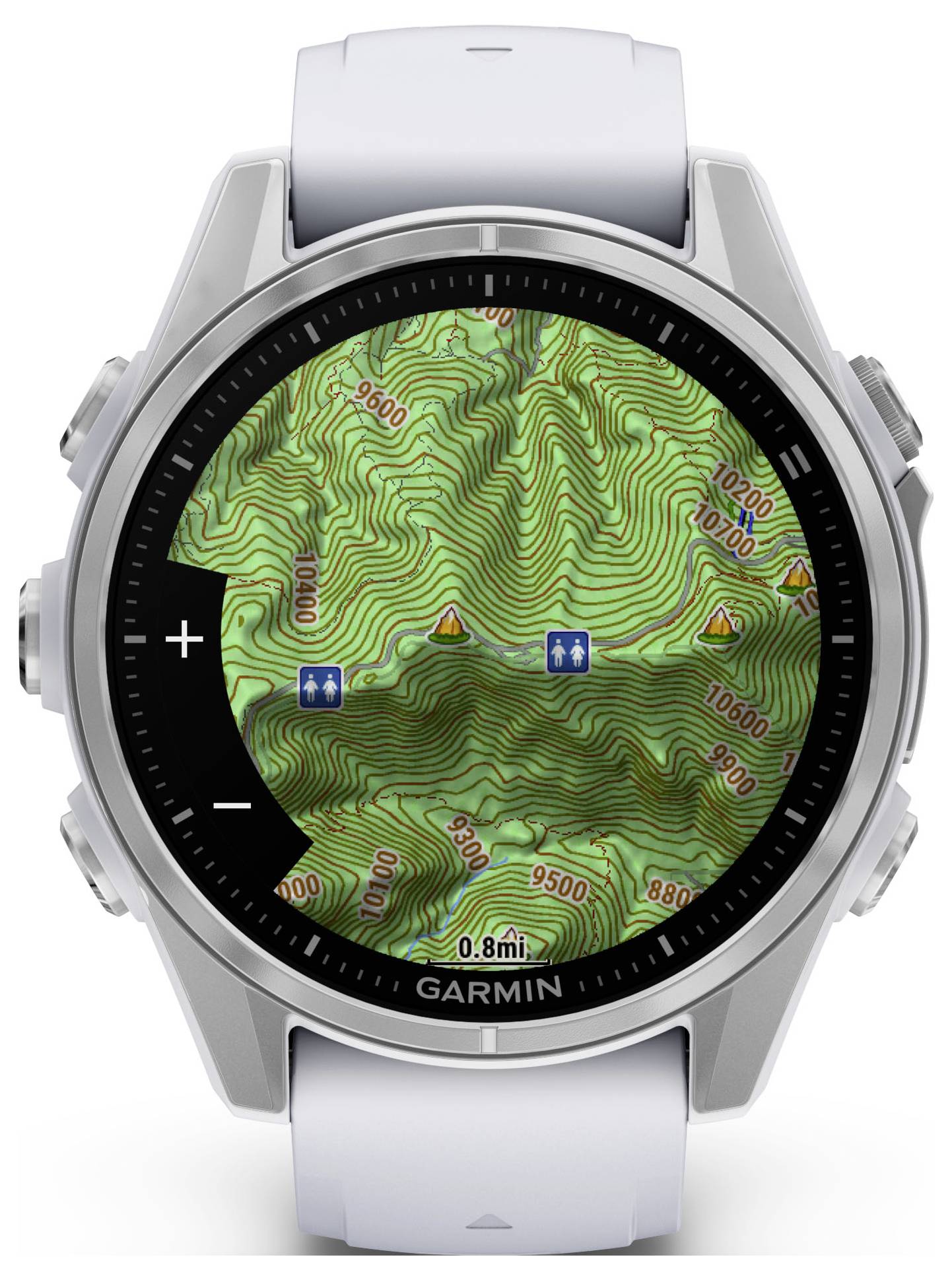 Smartwatch mit topografischer Karte auf dem Display, zeigt Höhenlinien, Wegpunkte und Symbole zur Orientierung beim Wandern.
