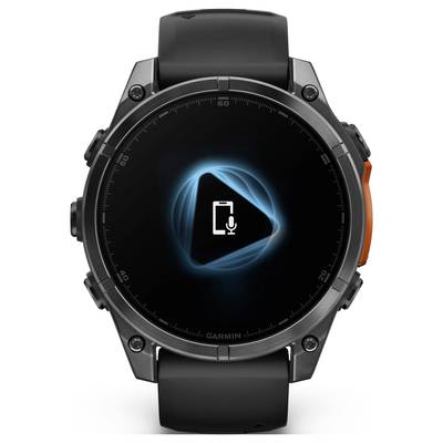 Eine schwarze Smartwatch mit rundem Display zeigt ein Symbol mit einem Mikrofon innerhalb eines Dreiecks, um Sprachassistenz anzuzeigen.