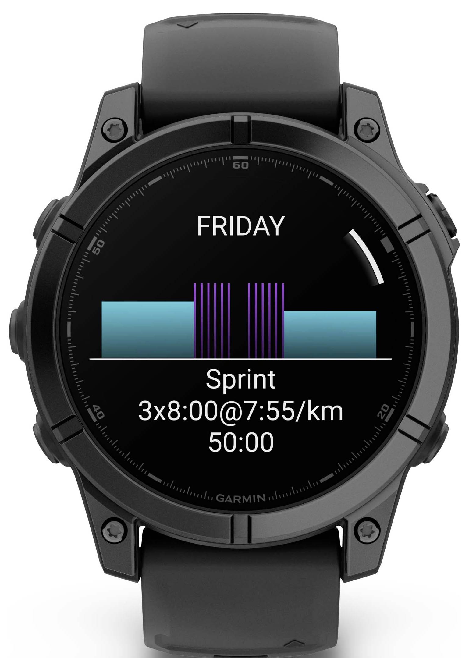 Schwarze Smartwatch zeigt Trainingsplan für Freitag an: Sprint mit 3x8:00@7:55/km, Gesamtdauer 50 Minuten. Balkendiagramm darunter.