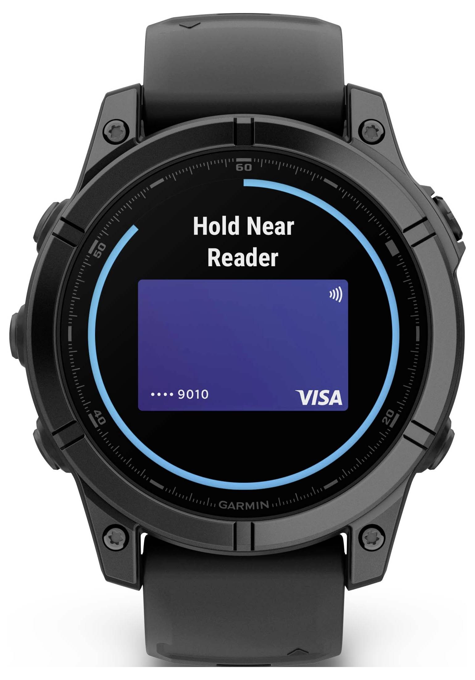 Schwarz-graue Smartwatch auf schwarzem Band zeigt NFC-Zahlungsaufforderung 'Hold Near Reader' mit VISA-Logo und Kartennummer.