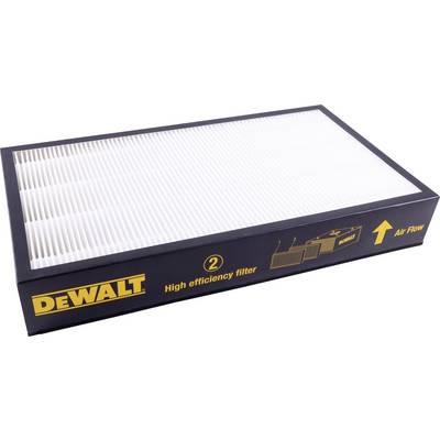 'DeWalt High Efficiency Filter'; rechteckiger Filter mit Richtungspfeil für den Luftfluss auf der Verpackung.