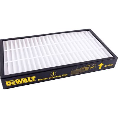 Ein rechteckiger, weißer Luftfilter mit schwarzem Rahmen von DeWalt. Aufschrift: 'Medium efficiency filter' und Pfeil für Luftstromrichtung.
