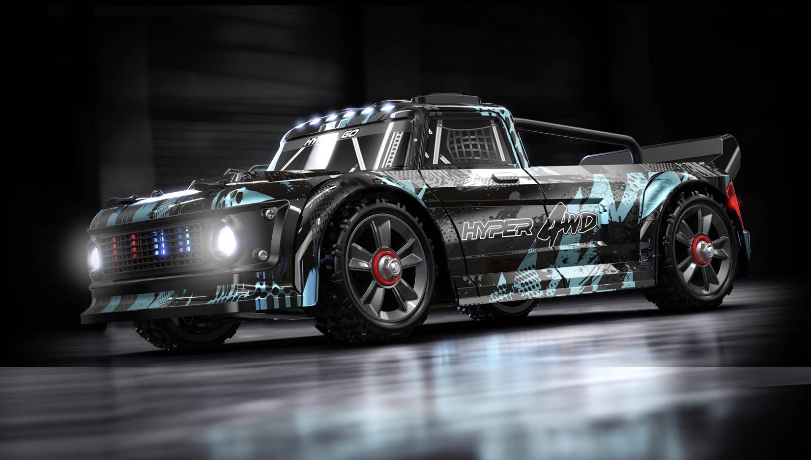 Ein schwarz-blau-grün gemustertes Rennauto mit moderner, aerodynamischer Form und auffälligen LED-Leuchten steht in einem dunklen Raum.