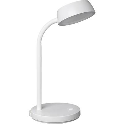 Weiße, moderne Tischlampe mit rundem Schirm und schlichtem, gebogenem Arm, auf einem runden Sockel.
