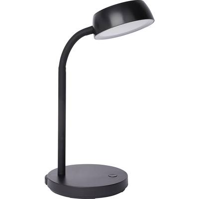 Schwarze, gebogene Tischlampe mit rundem Fuß und Schirm. Modernes Design, geeignet für Arbeits- oder Lesebereich.
