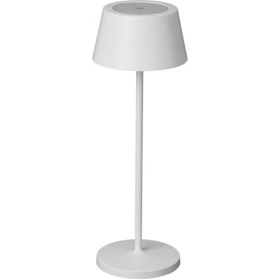 Weiße Stehlampe mit schlichter, zylindrischer Form und rundem Leuchtenkopf. Moderner, minimalistischer Stil.
