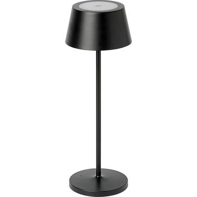 Schwarze Tischlampe mit schlichtem Design, rundem Fuß und konischem Schirm. Ideal für modernes, elegantes Interieur.