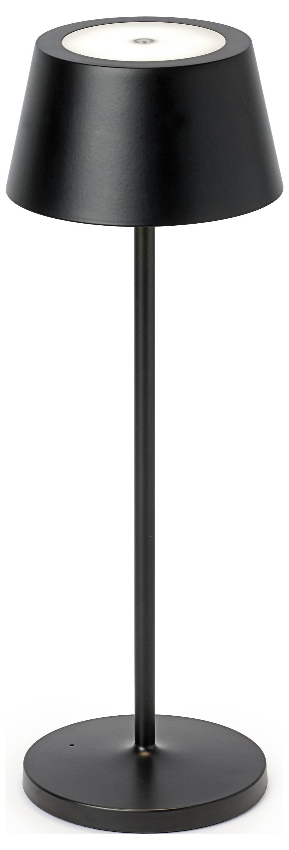 Schwarze, moderne Stehlampe mit rundem Sockel und konischem Schirm, geeignet für zeitgenössische Innenräume.