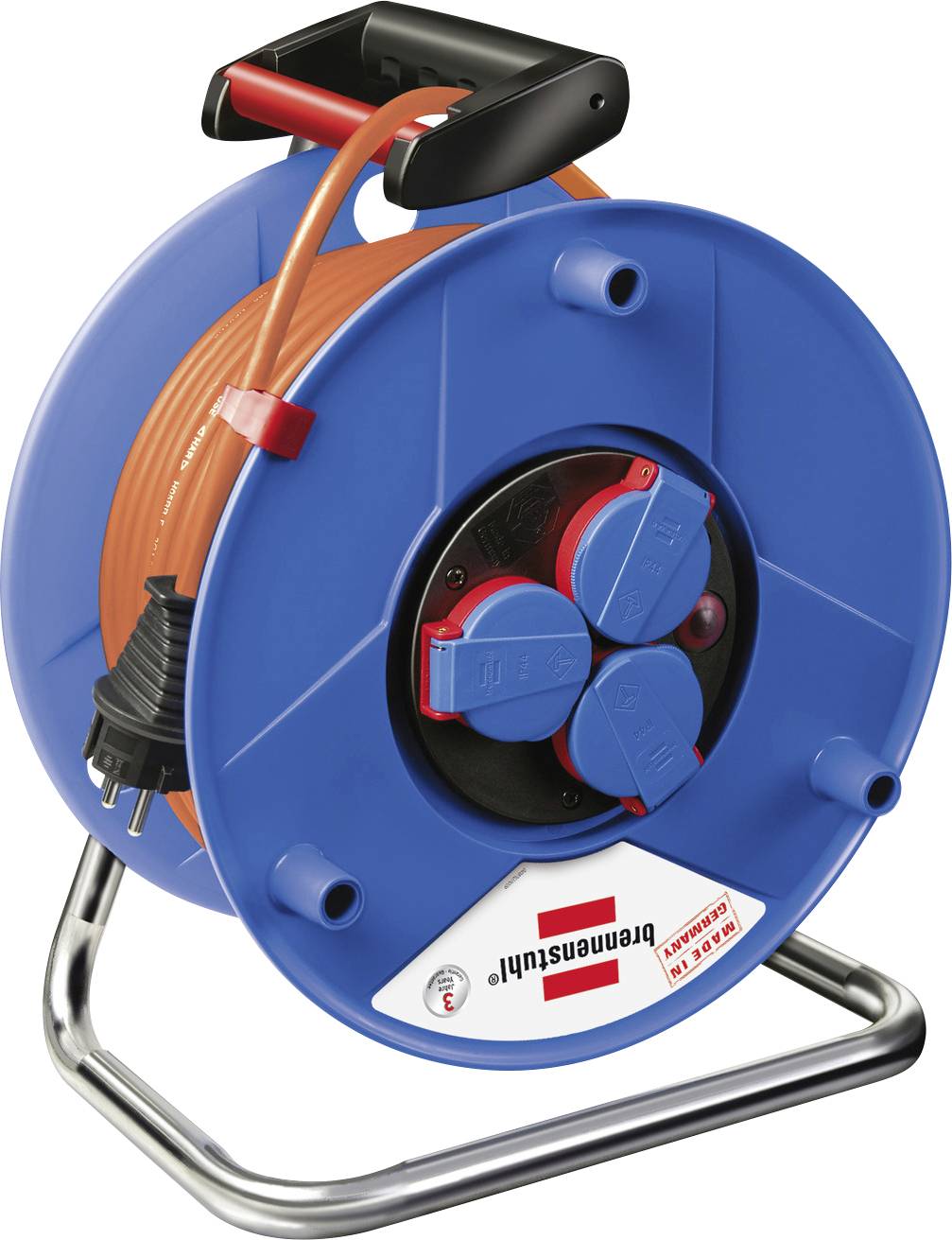 Kabeltrommel mit blauem Gehäuse und orangem Kabel, drei Steckdosen und schwarzem Griff, stehend auf einem silberfarbenen Rahmen.