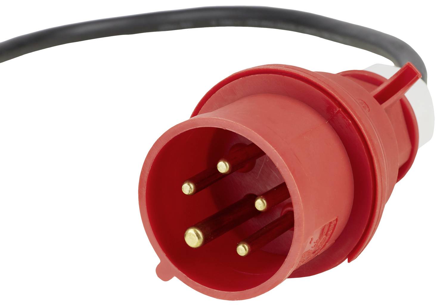 'Roter Starkstromstecker mit mehreren goldenen Kontakten und einem schwarzen Kabel im Hintergrund.'