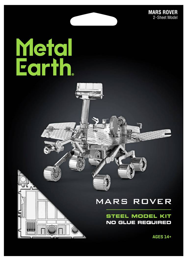 Metallbausatz einer Mars-Rover-Replik mit detaillierten Teilen. Kein Kleber erforderlich, für Personen ab 14 Jahren geeignet.