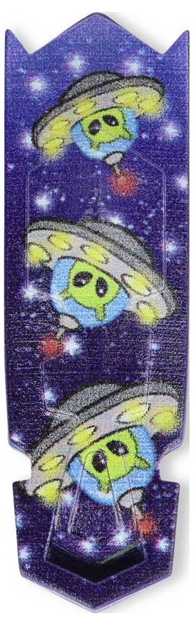 Ein Lesezeichen mit drei stilisierten fliegenden Untertassen, die grüne Gesichter inmitten eines sterngesprenkelten Hintergrunds zeigen.