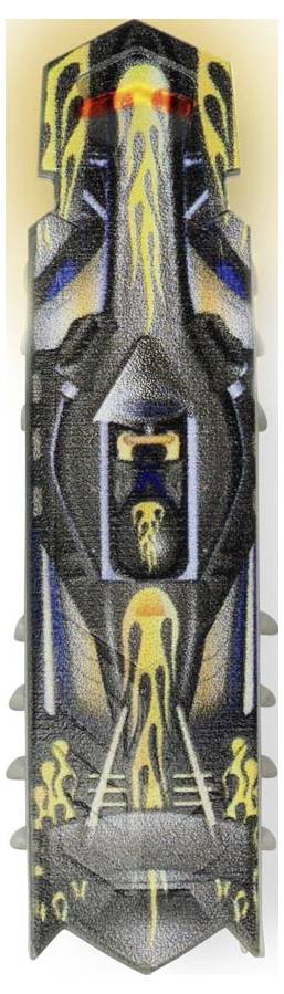 Abstraktes Kunstwerk mit symmetrischen, farbigen Formen und Linien; vorwiegend in Gelb, Blau und Schwarz.