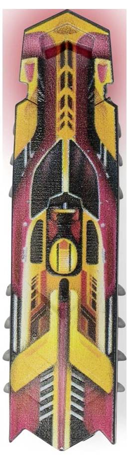 Ein stilisiertes Fahrzeug in Rot, Gelb und Schwarz, das futuristisches Design mit scharfen Linien und geometrischen Mustern zeigt.