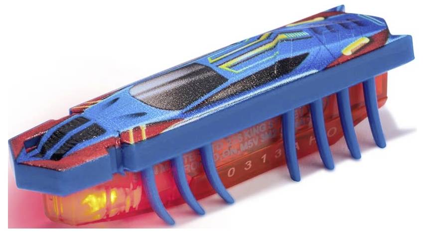 Spielzeug-Roboter in Form eines Käfers mit buntem Design und leuchtenden Elementen, die eine futuristische Optik verleihen.