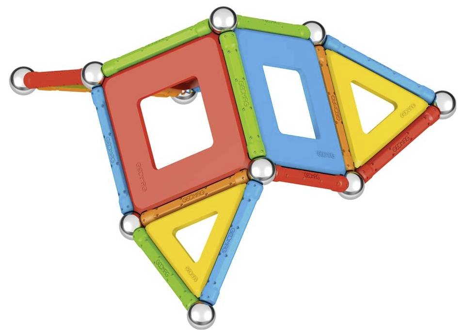 Buntes geometrisches Spielzeug aus Magnetstäben und Metallkugeln, das eine abstrakte Form aus Dreiecken und Quadraten bildet.