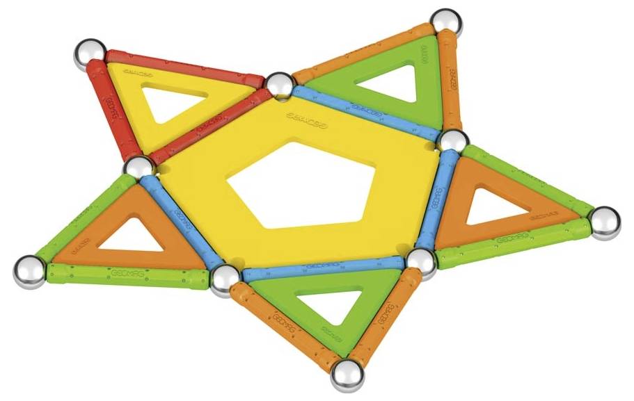 Buntes, sternförmiges Konstrukt aus magnetischen Dreiecken und Stäben, zusammengesteckt zu einem hexagonalen Muster.
