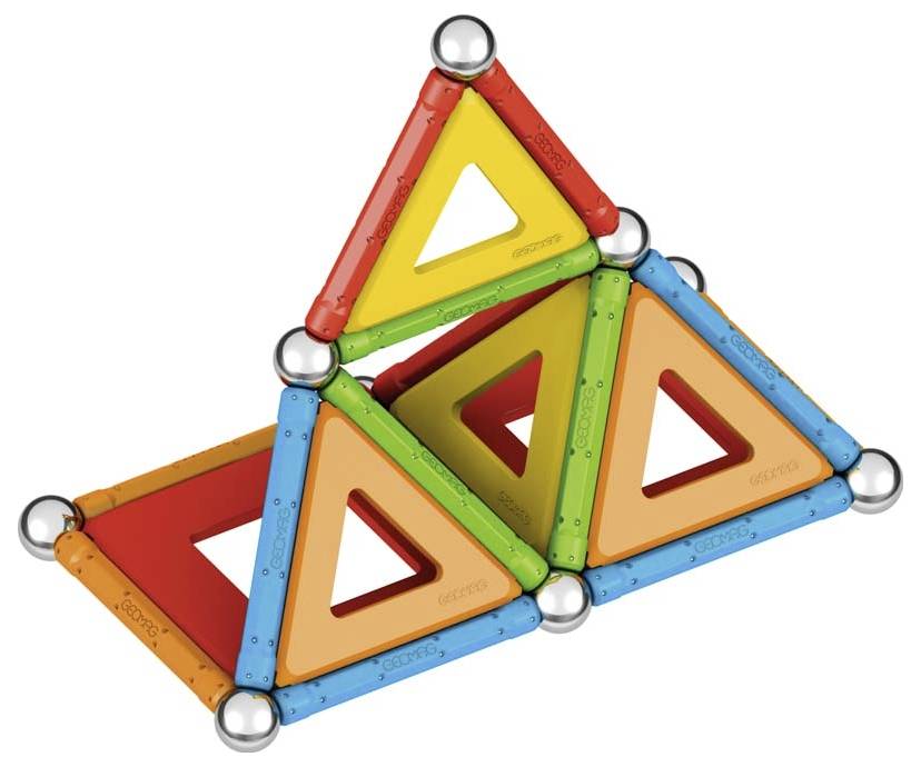 Drei bunte, magnetische Dreiecke aus Kunststoff, die in einer pyramidenähnlichen Struktur zusammengesetzt sind.