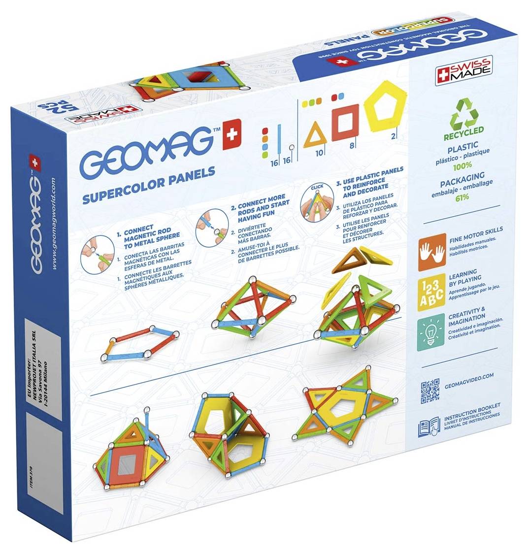 Geomag-Bausatzverpackung zeigt bunte geomagnetische Bauformen und erklärt, wie man sie verbindet. Angepriesen als aus recyceltem Plastik gemacht.