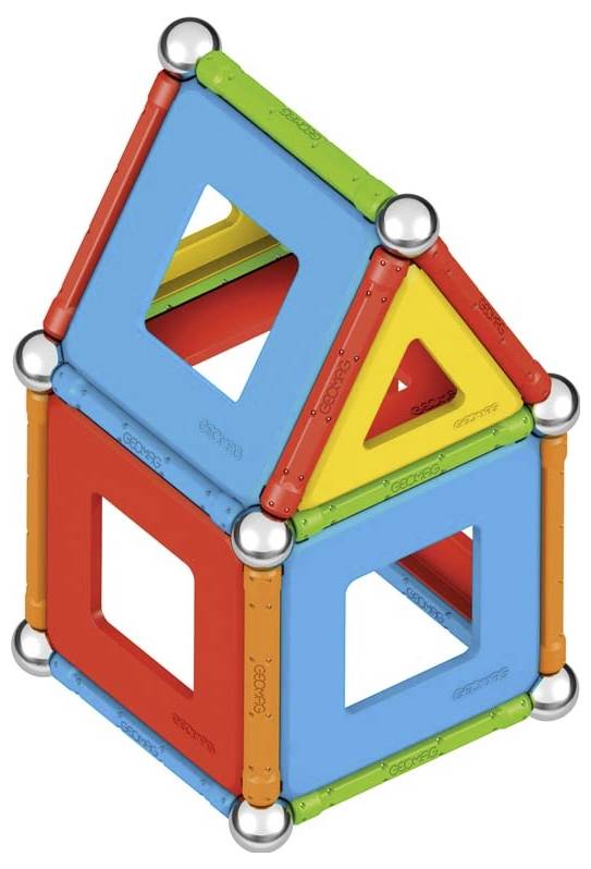 Bunte magnetische Bausteine in Hausform, bestehend aus Quadraten und Dreiecken, illustrieren kreatives Bauen und Magnetspielzeug.