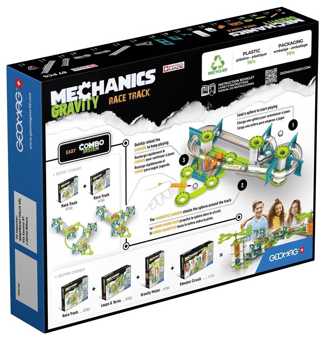 Mechanics Gravity Race Track von Geomag. Zeigt den Aufbau des magnetischen Kugelbahnsystems mit verschiedenen Streckenteilen. Enthält Informationen zu Recycling und Verpackung.