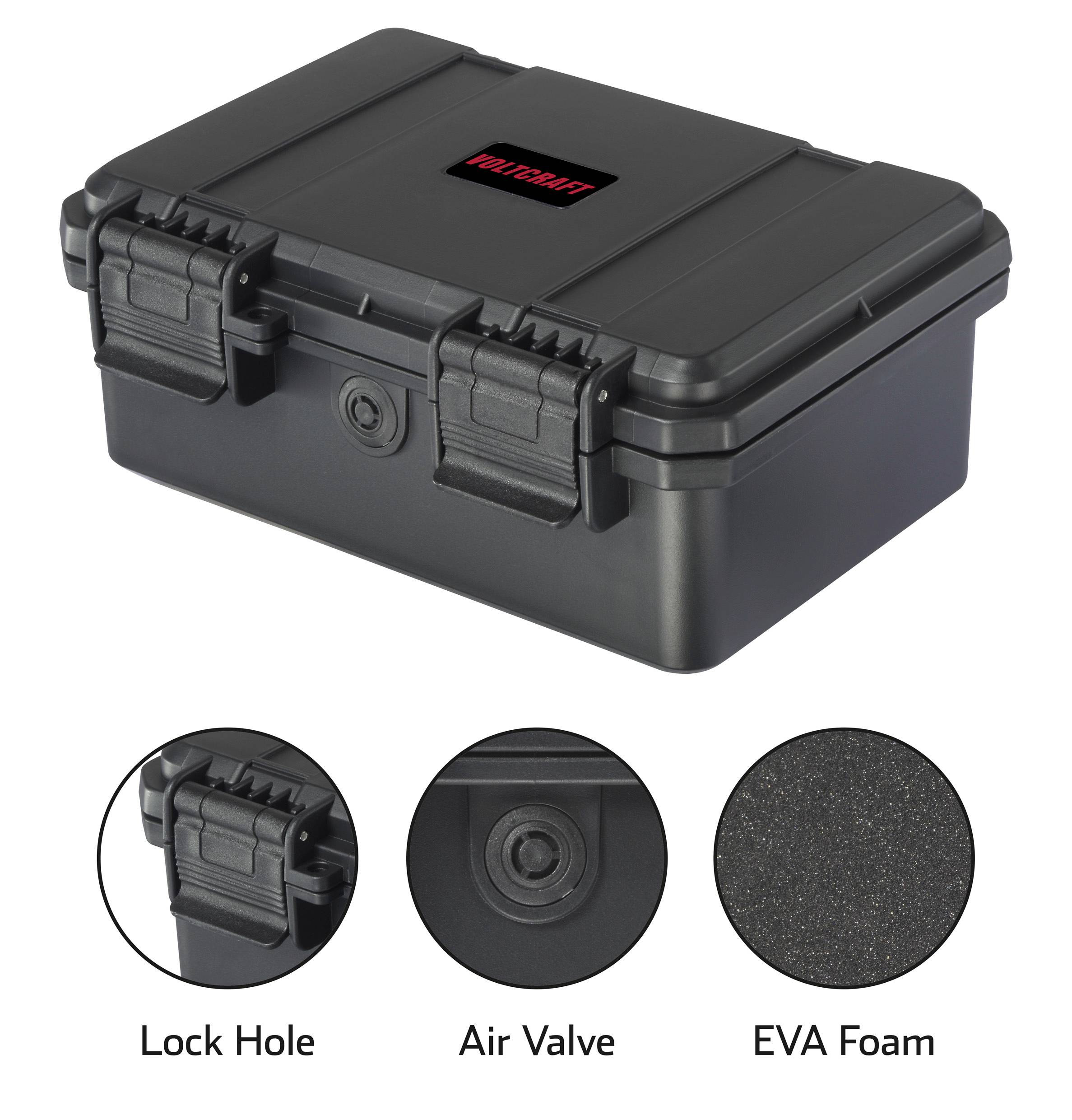 Schwarzer, robuster Aufbewahrungskoffer mit Verschlüssen, Luftventil und EVA-Schaumstoffeinlage. Geeignet für sicheren Transport und Aufbewahrung.