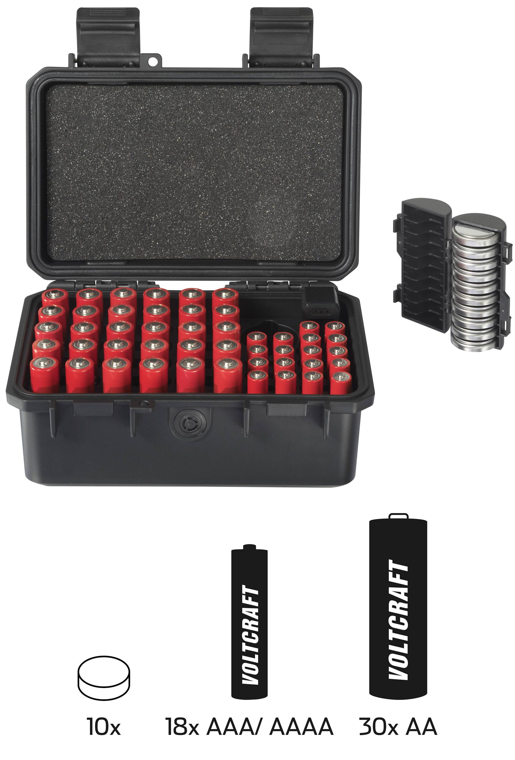 'Schwarzer Aufbewahrungskoffer mit 10 Knopfzellen, 18 AAA/AAAA und 30 AA Batterien. Vertikale Anordnung der Batterien.'