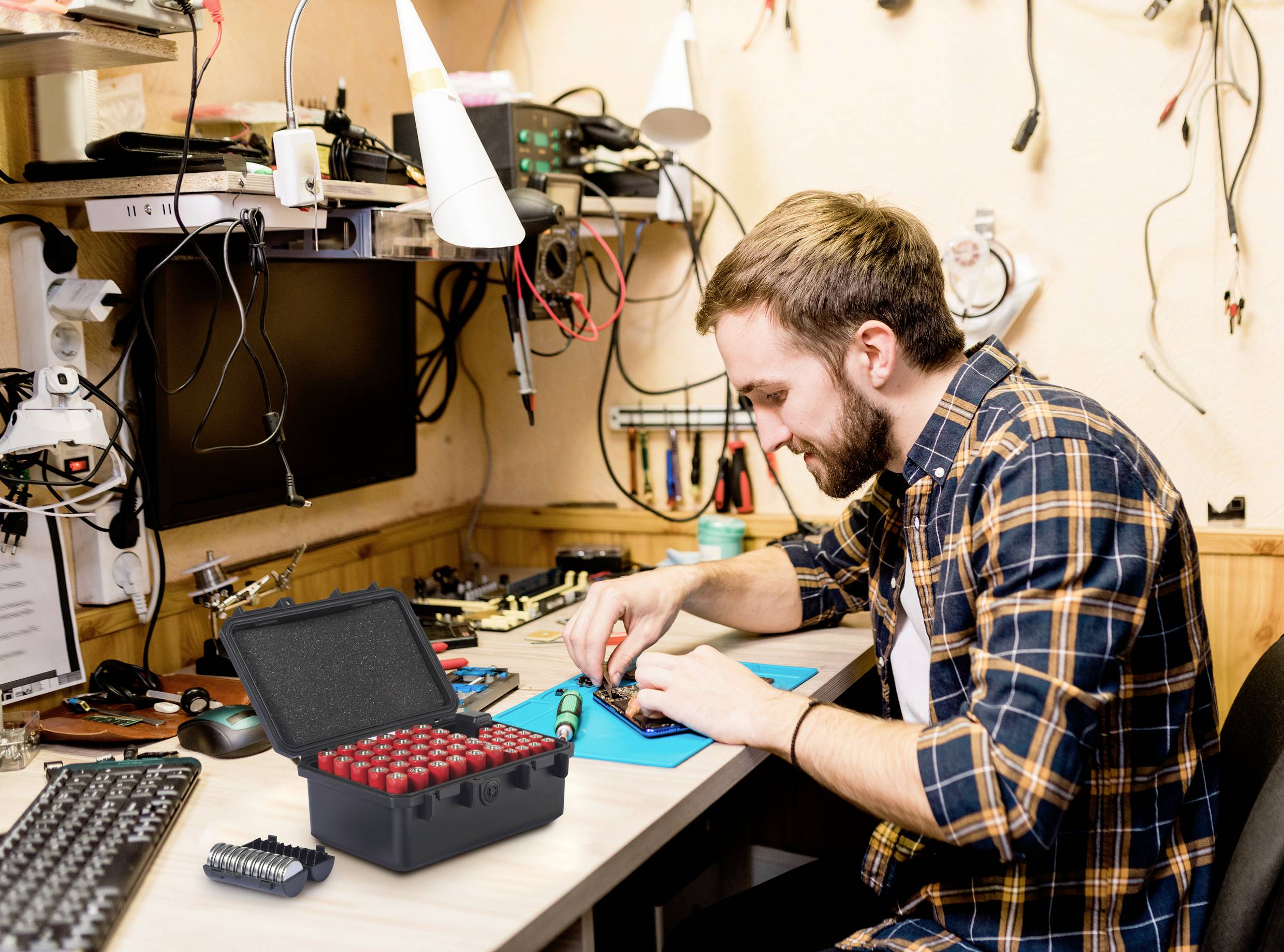 Eine Person arbeitet konzentriert an elektronischen Bauteilen auf einem Tisch in einem Elektroniklabor. Im Vordergrund steht ein offener Werkzeugkasten.