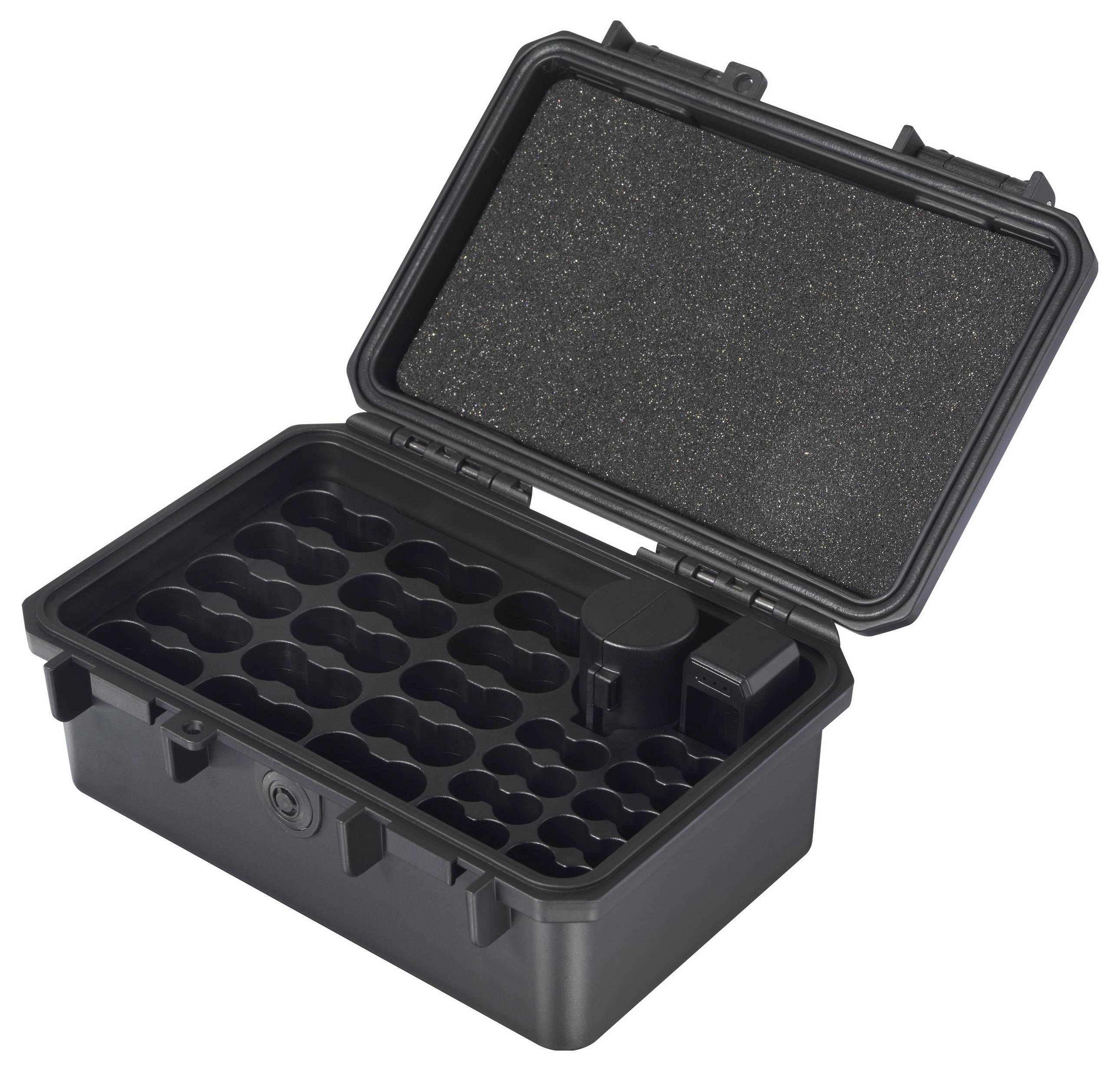 Schwarzer Koffer mit offenem Deckel, zeigt mehrere runde Aussparungen im Inneren, geeignet zur sicheren Aufbewahrung kleiner Gegenstände.