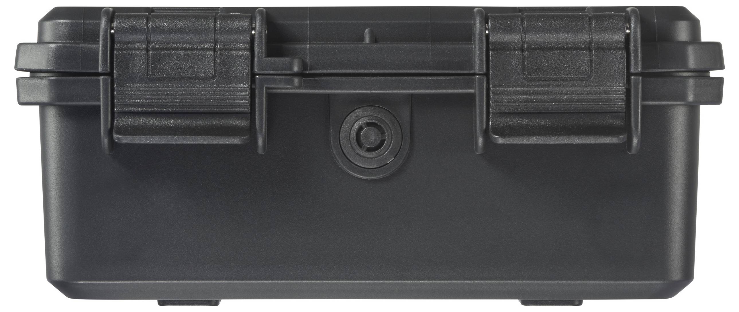 Schwarzer Kunststoffkoffer mit zwei Verschlüssen und einem zentralen Drehknopf auf der Vorderseite.