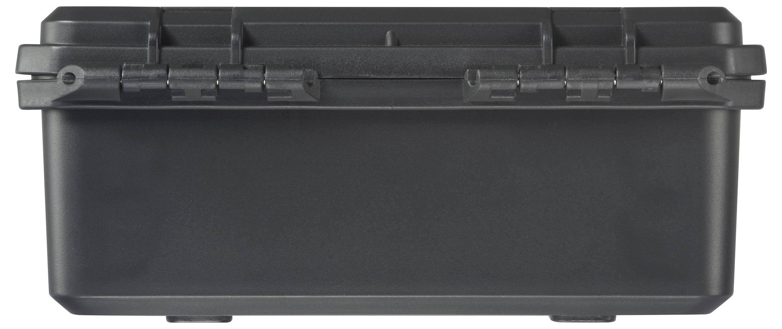 Eine schwarze, rechteckige Kunststoffbox mit Scharnieren an der Oberkante, möglicherweise ein Transport- oder Aufbewahrungskoffer.