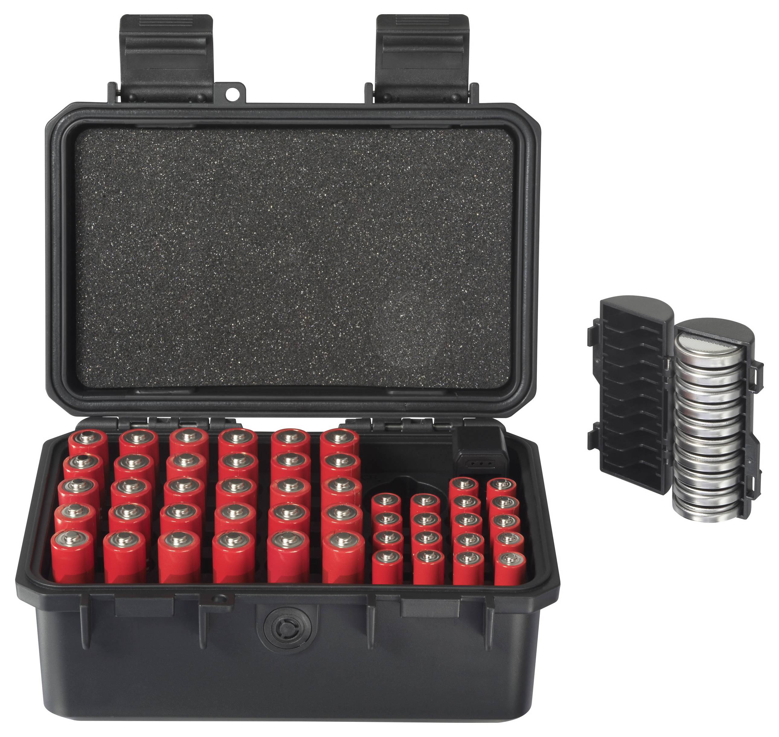 Eine schwarze Box mit Schaumstoffeinlage enthält zahlreiche rote Batterien. Daneben ein separater Stapel silberner Batterien.