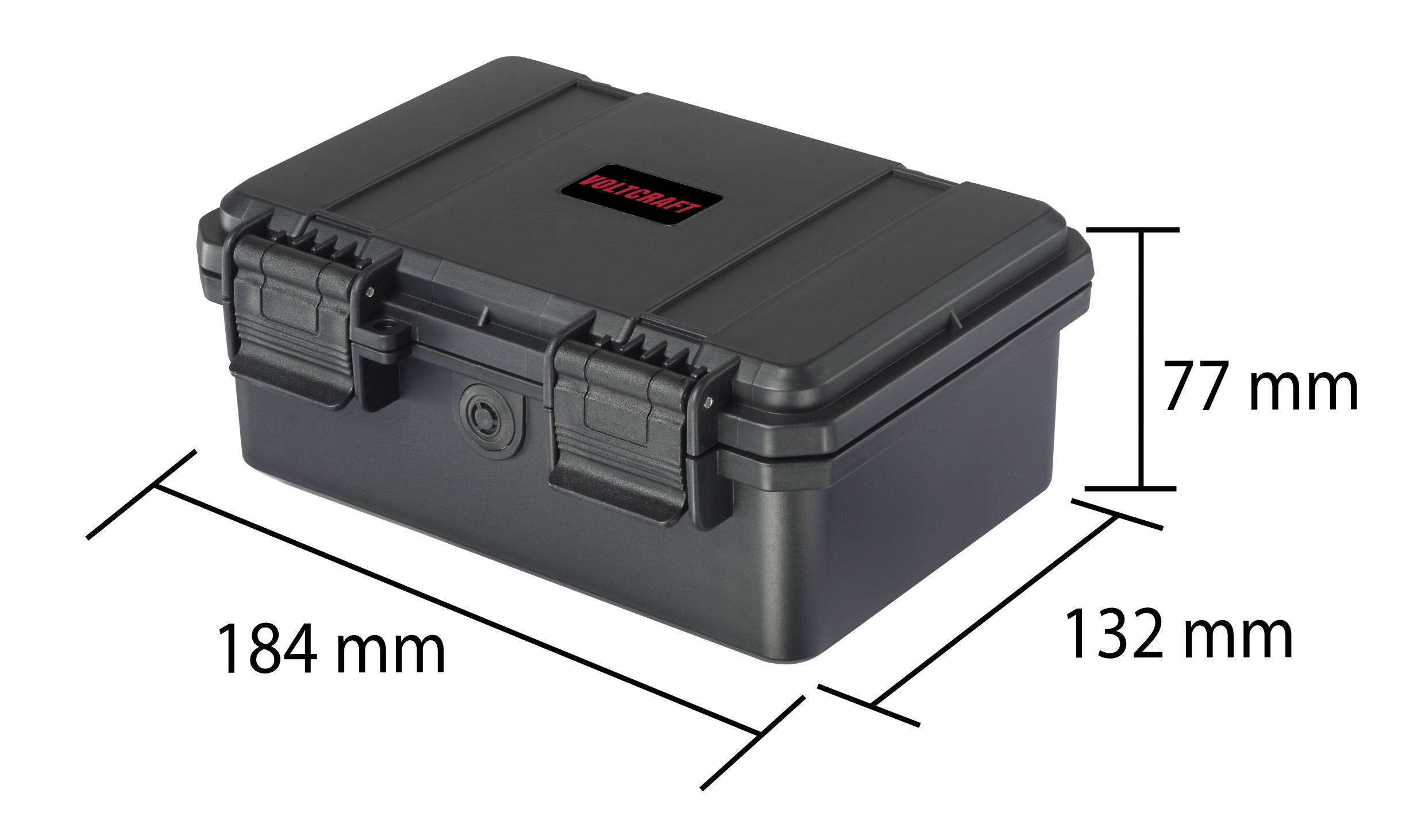 Schwarze Kunststoffkiste mit den Maßen 184 mm x 132 mm x 77 mm. Zwei Verschlüsse vorne.
