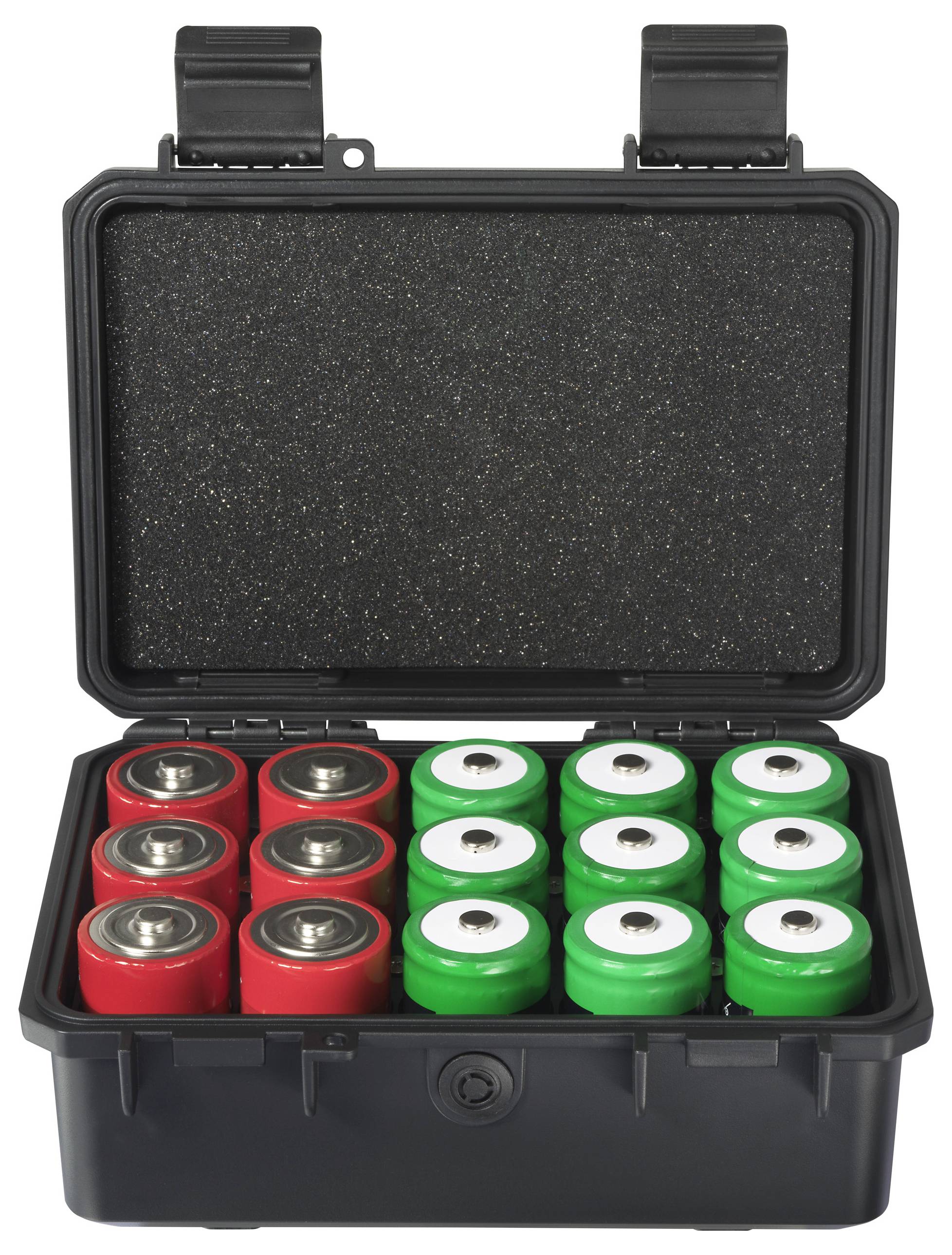 Ein offener schwarzer Koffer enthält acht rote und acht grüne Batterien, die sauber in zwei Reihen angeordnet sind.