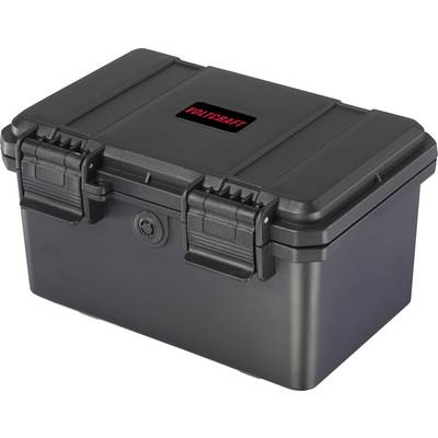Eine schwarze, verschließbare Kunststoffbox mit dem roten Aufdruck 'Voltcraft' auf dem Deckel.