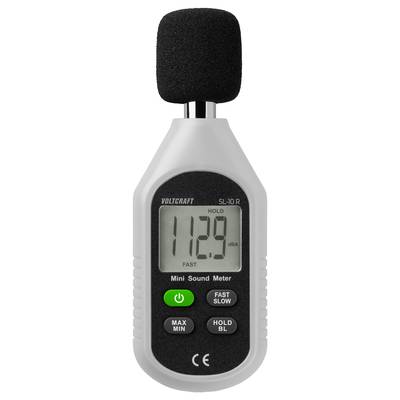 Schallpegelmesser mit Anzeige von 112,9 Dezibel. Schwarze Mikrofonabdeckung oben, grüne Ein/Aus-Taste unten.