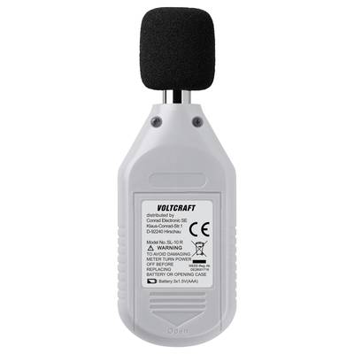 Schallpegelmessgerät mit Mikrofon, Anzeige der Modellnummer 'SL-10 R', Warnhinweise zur Batterienutzung und CE-Kennzeichnung.