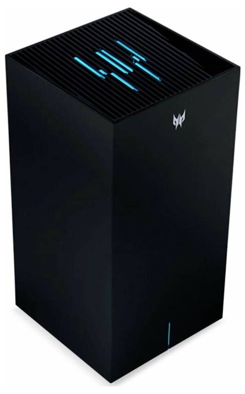 Ein schwarzer, würfelförmiger Computer mit beleuchtetem Logo und blauen Akzenten auf der Oberseite.