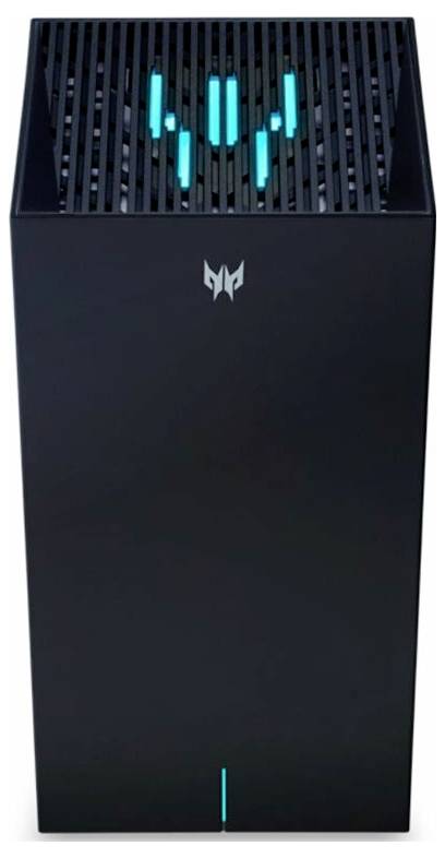 Schwarzer Gaming-PC-Tower mit vertikalem Leuchtsignal und blauem Logo auf der Vorderseite. Typisch für Gaming mit moderner Ästhetik.