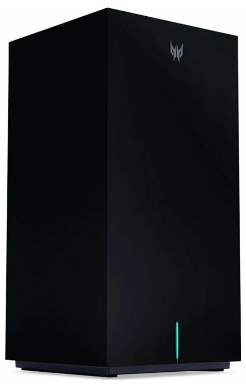 Ein stilvoller, schwarzer Gaming-PC-Tower mit leuchtendem LED-Streifen im unteren Bereich, markenlos, vor weißem Hintergrund.