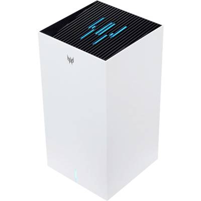 Ein weißer, turmförmiger Gaming-PC mit einem beleuchteten Logo und blauen Akzenten auf der Oberseite.
